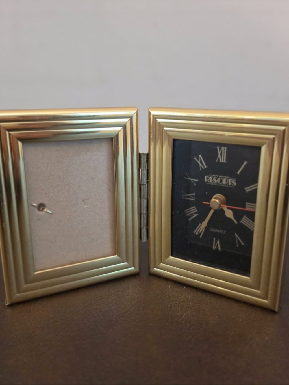 Quartz Gold Tone Brass Desk/Mantle Clock & Picture Frame Set